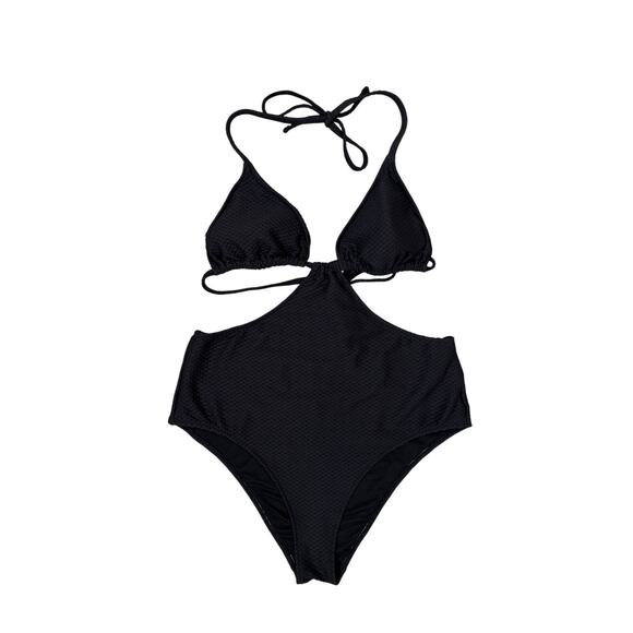 Aerie Swimsuit Womens Medium Ribbed Cut Out One Piece Black Cheeky Halter - Picture 1 of 5